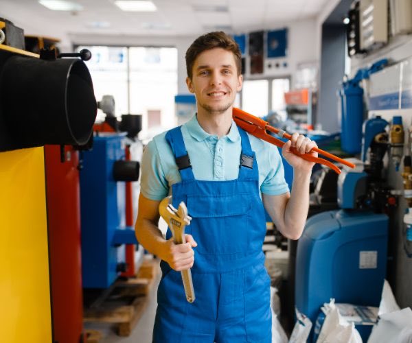 Profi-Installateur mit Rohrzange und Werkzeug — bereit für den Einsatz